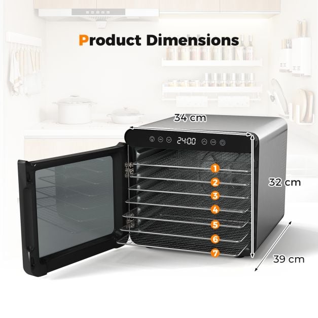 Food Dehydrator with 7 Stainless Steel Trays 1-24H Timer and 30-75℃ Temperature-Silver