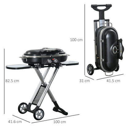 Outsunny Foldable Gas BBQ Grill 2 Burner Garden Barbecue Trolley w/ Lid Side Shelves Storage Pocket Piezo Ignition Thermometer, Aluminium Alloy