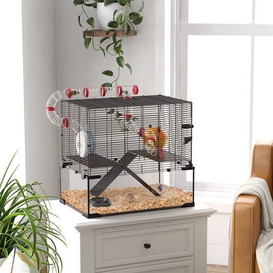 Klatka dla chomika karłowatego PawHut Gerbil Cage z głębokim szklanym dnem, tunelami, domkiem i kółkiem do ćwiczeń, 60 x 40 x 57 cm