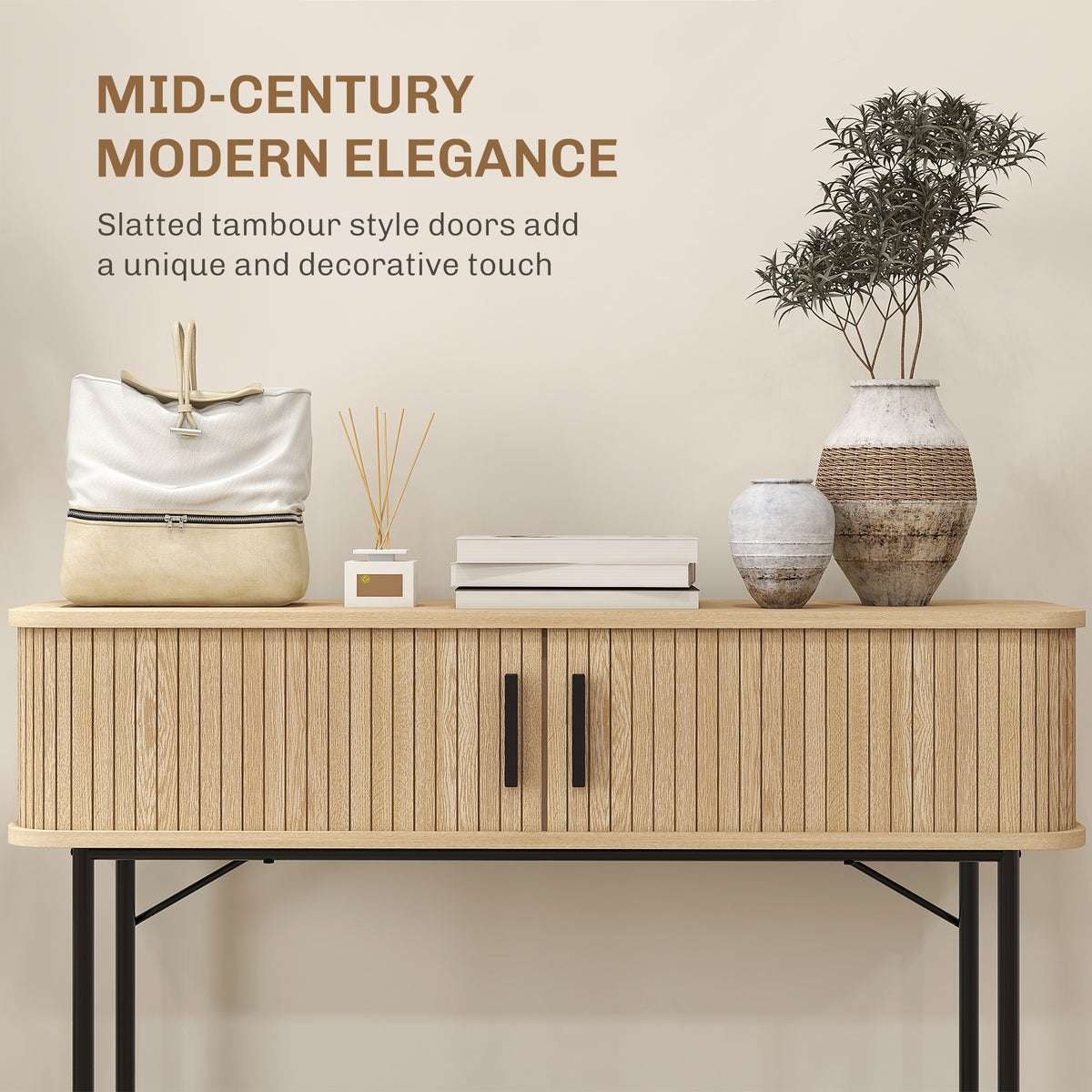 HOMCOM Console Table 2-Compartment Storage Hallway Table Steel Frame for Entryway Living Room 100 cm Oak Tone Black