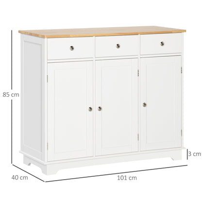 HOMCOM Sideboard with Rubber Wood Top, Modern Storage Cabinet, Kitchen Cupboard with 3 Doors, 3 Drawers and 3 Adjustable Shelves for Dining Room, Living Room, White