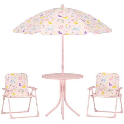 AIYAPLAY 4 Pieces Kids Garden Table and Chair Set with Adjustable Parasol, Folding Chairs, Table, Rainbow Pattern, Pink