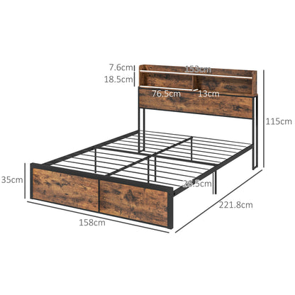 Retro Style Industrial King Bed Frame, 5.2FT Steel Bed Base w/ Storage Headboard, Footboard, Under Bed Storage, 158 x 222cm, Rustic Brown