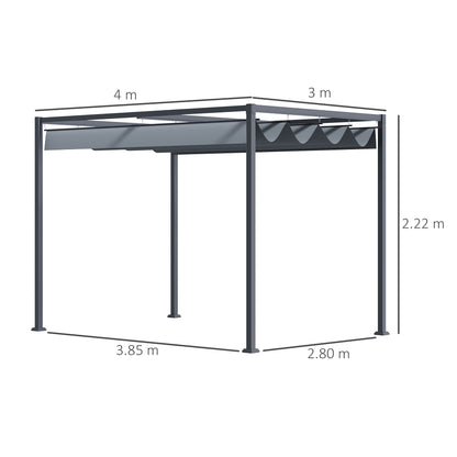 Pergola ogrodowa Outsunny 4 x 3(m) z metalu z rozsuwanym dachem, zadaszenie altany ogrodowej z otworami drenażowymi do ogrodu, na patio, trawnik, kolor szary
