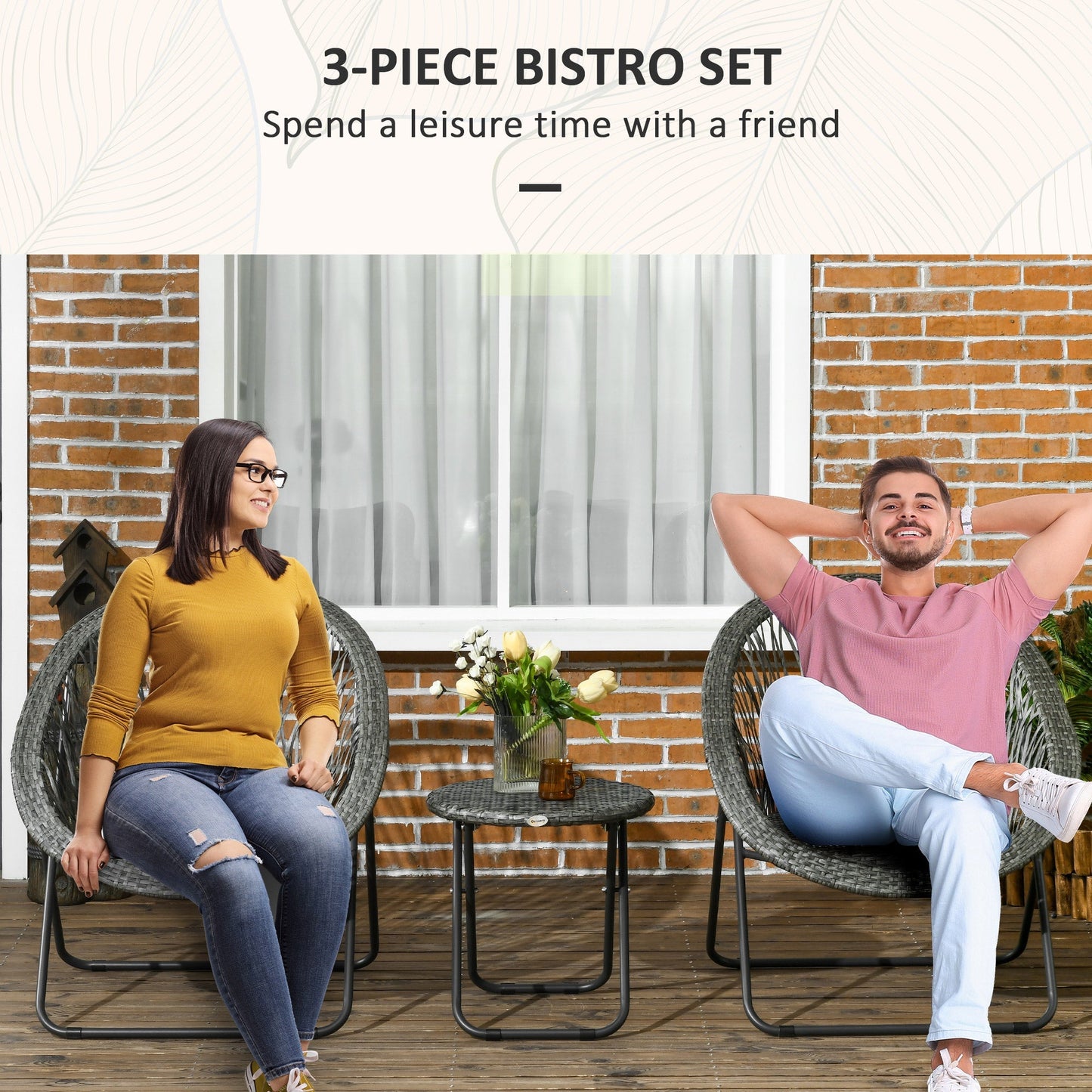 Outsunny Outdoor Foldable 3 Piece Garden Furniture Set, PE Rattan Bistro For 2 Garden, Balcony Table And Chairs - Grey