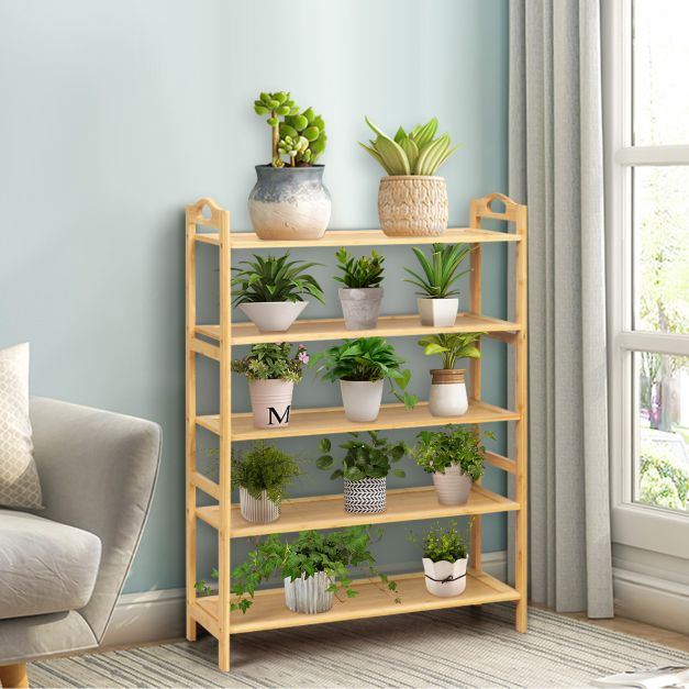 5-Tier Bamboo Shoe Rack with Two Rounded Handles for Entryway