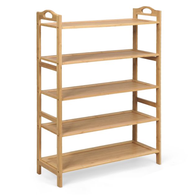 5-Tier Bamboo Shoe Rack with Two Rounded Handles for Entryway