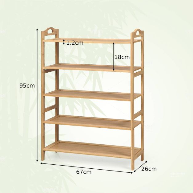 5-Tier Bamboo Shoe Rack with Two Rounded Handles for Entryway