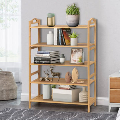 5-Tier Bamboo Shoe Rack with Two Rounded Handles for Entryway