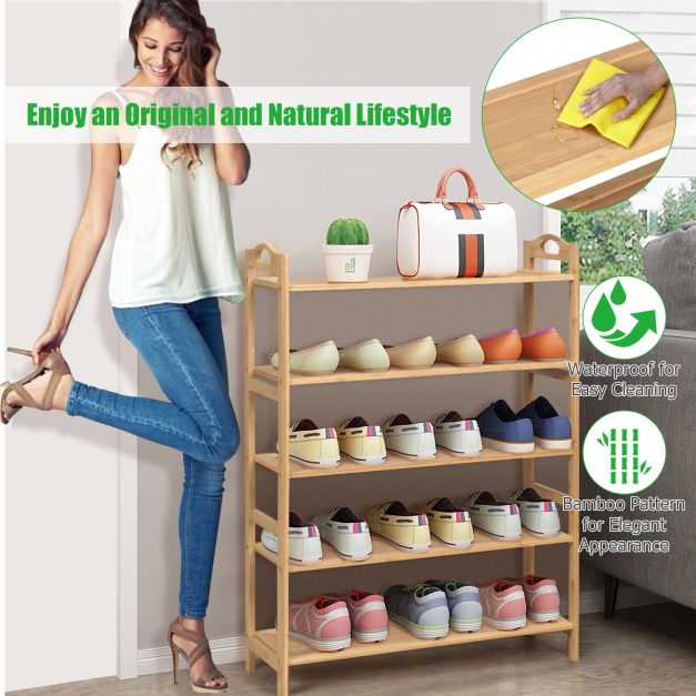 5-Tier Bamboo Shoe Rack with Two Rounded Handles for Entryway