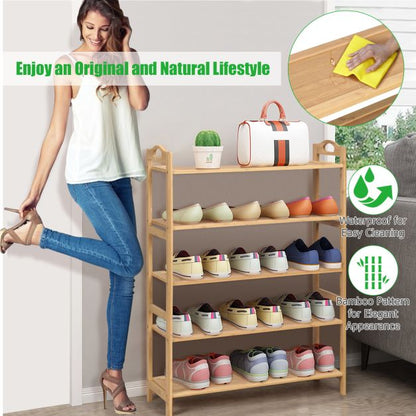5-Tier Bamboo Shoe Rack with Two Rounded Handles for Entryway