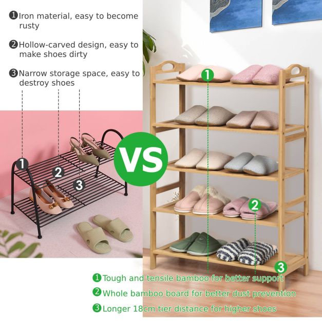 5-Tier Bamboo Shoe Rack with Two Rounded Handles for Entryway