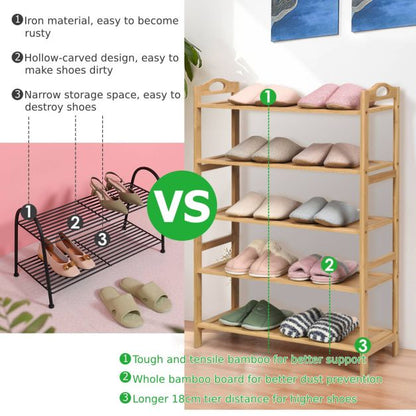 5-Tier Bamboo Shoe Rack with Two Rounded Handles for Entryway