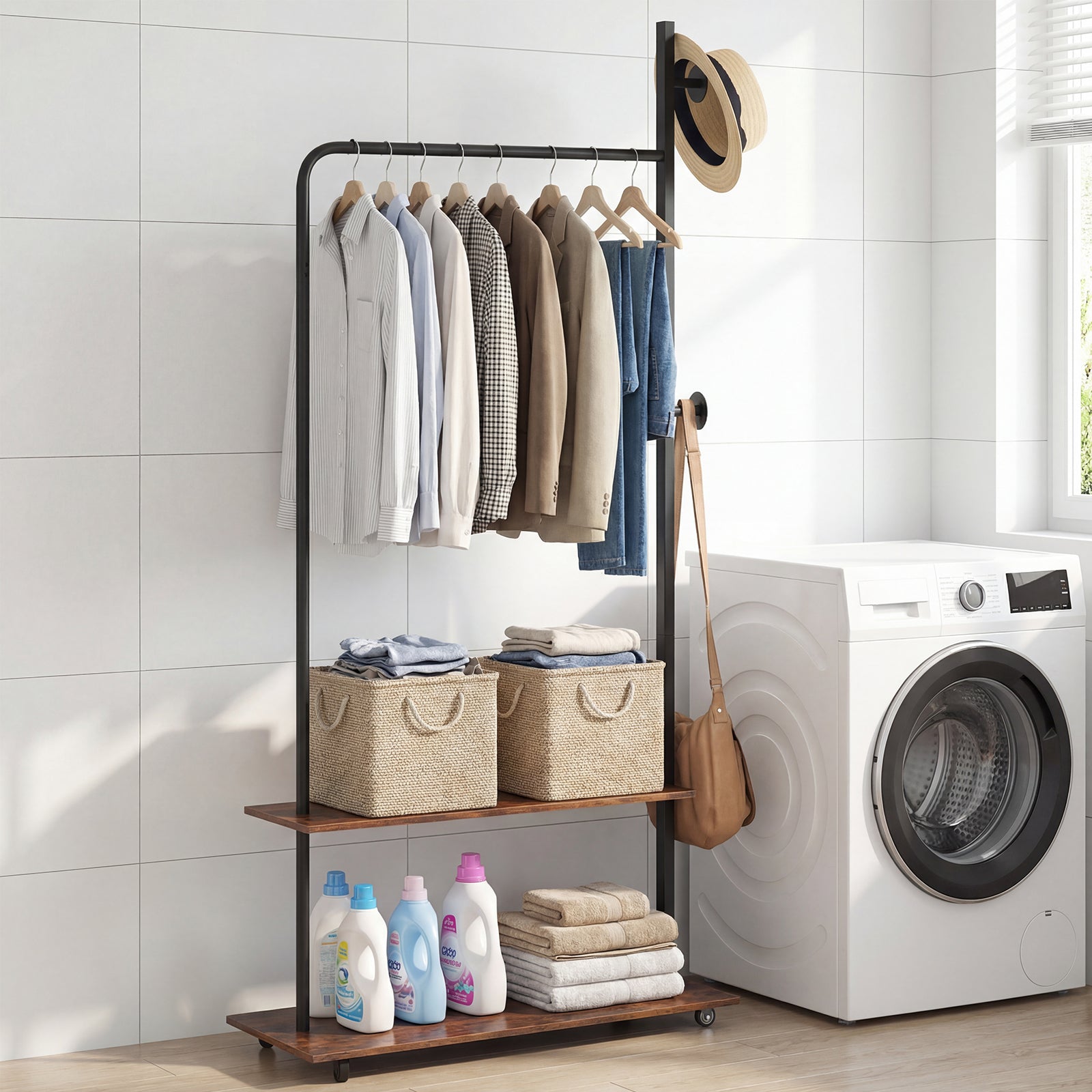 Freestanding Clothing Rack with Wheels and Hanging Rod-Rustic Brown
