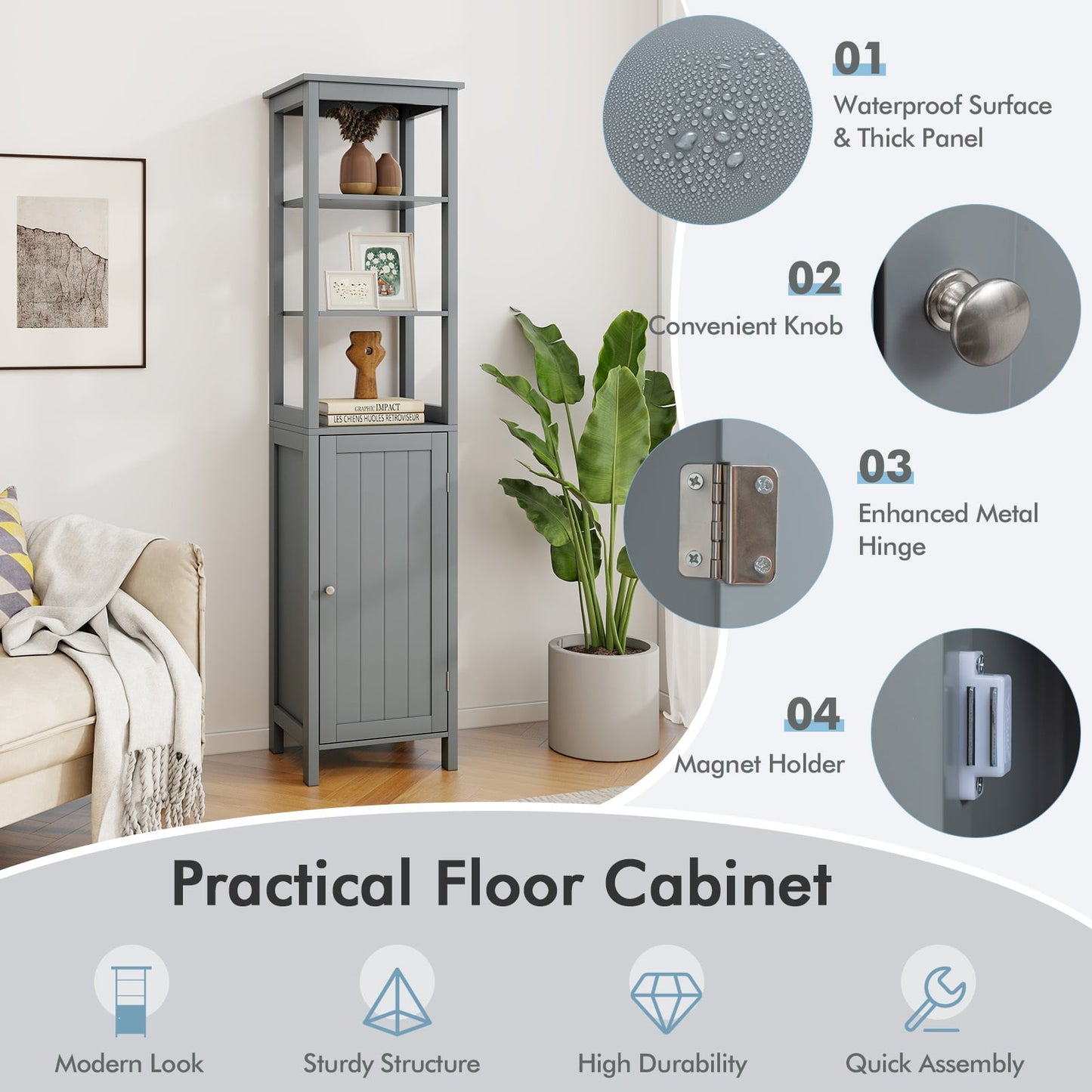Freestanding Floor Cabinet with 3-Position Middle Panel and Anti-Toppling Mechanism-Grey