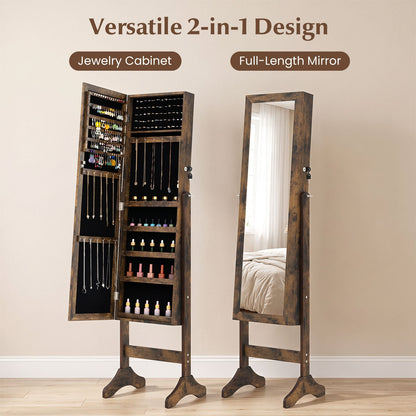 Freestanding Jewelry Armoire Cabinet with Full Length Mirror-Rustic Brown