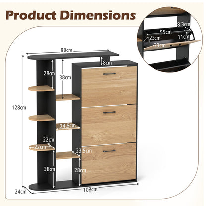Freestanding Shoe Organizer with 3 Flip Drawers and 8 Adjustable Drawer Shelves-Black