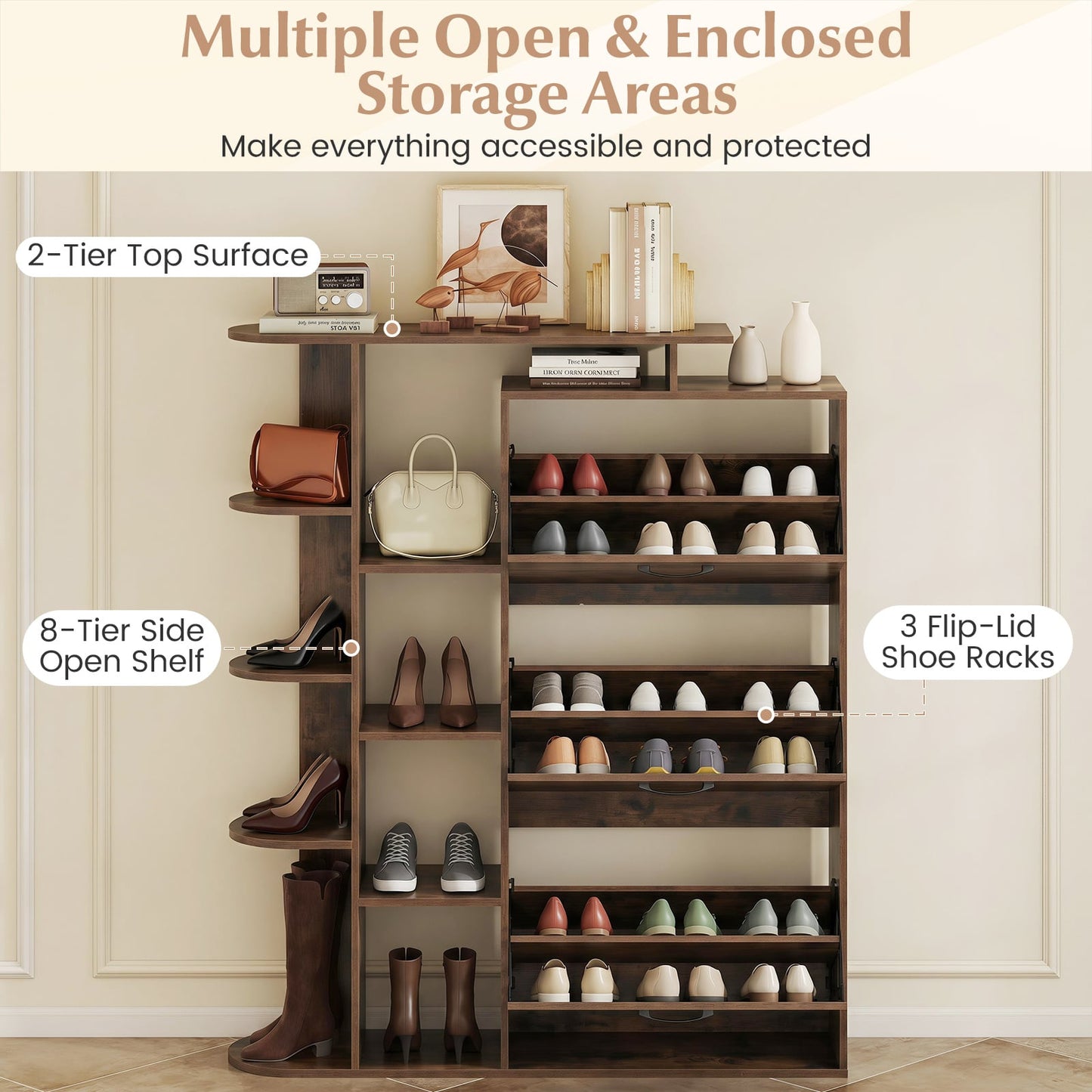 Freestanding Shoe Organizer with 3 Flip Drawers and 8 Adjustable Drawer Shelves-Rustic Brown