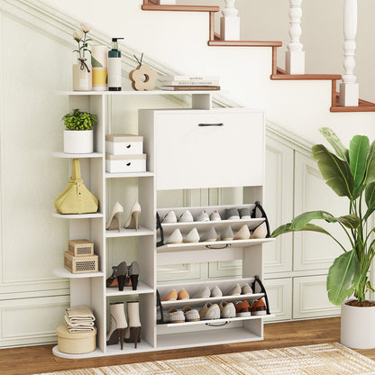 Freestanding Shoe Organizer with 3 Flip Drawers and 8 Adjustable Drawer Shelves-White
