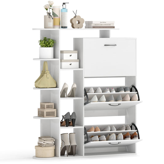 Freestanding Shoe Organizer with 3 Flip Drawers and 8 Adjustable Drawer Shelves-White