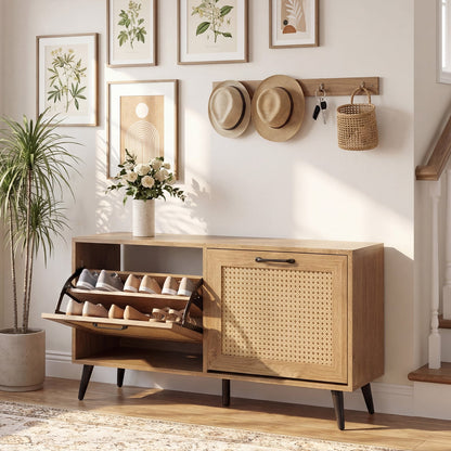Freestanding Shoe Storage Cabinet with 2 Flip Drawers and Adjustable Shelves-Natural