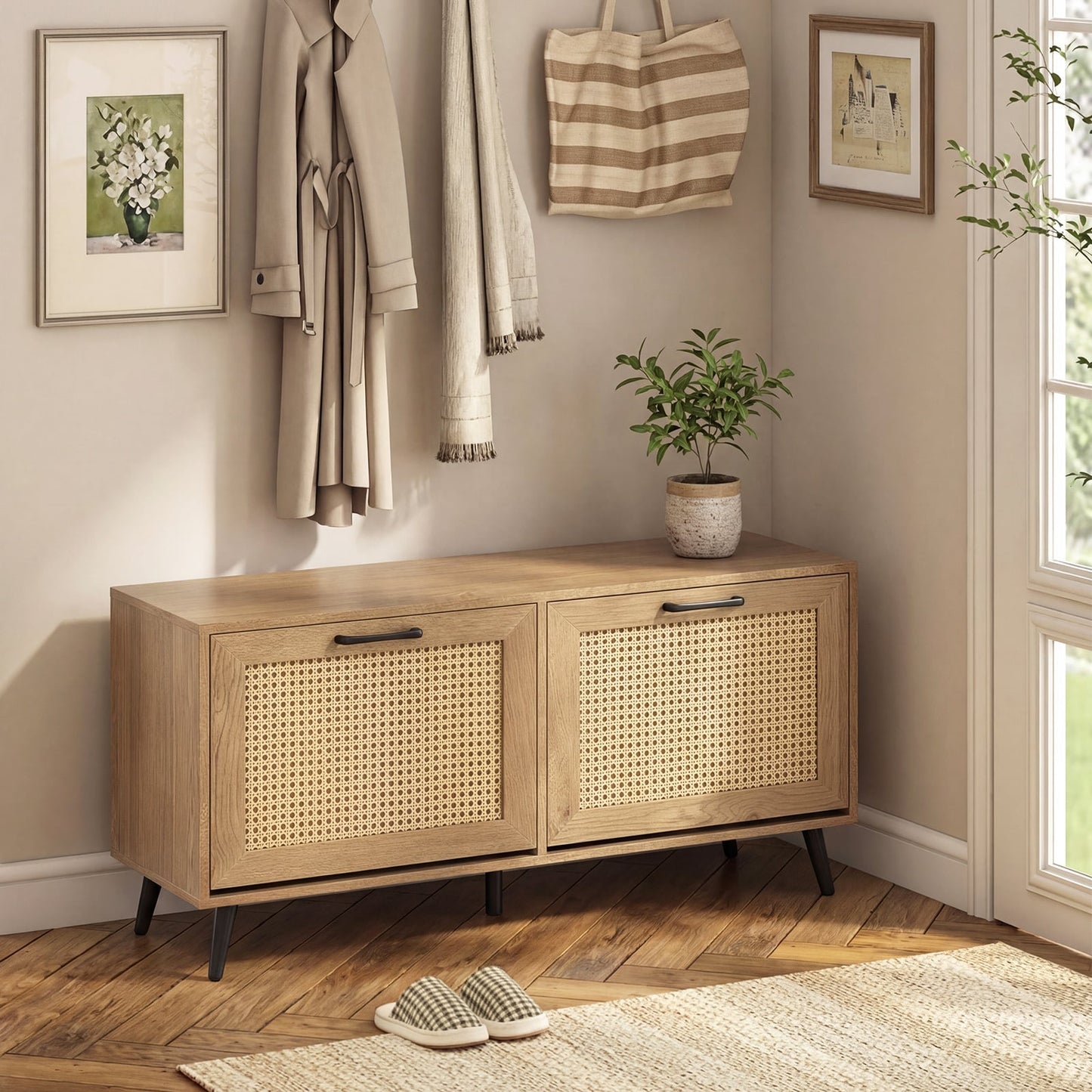 Freestanding Shoe Storage Cabinet with 2 Flip Drawers and Adjustable Shelves-Natural