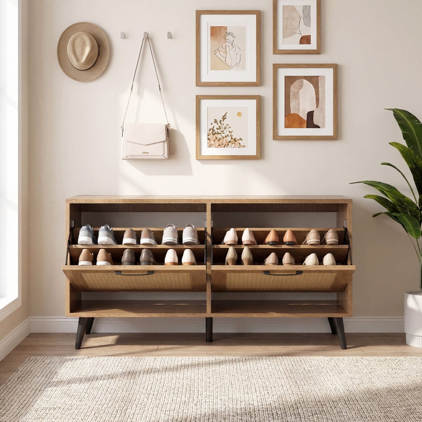 Freestanding Shoe Storage Cabinet with 2 Flip Drawers and Adjustable Shelves-Natural
