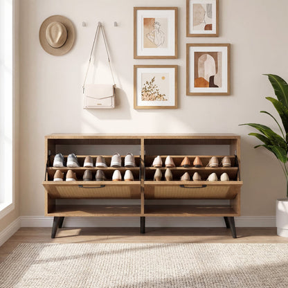 Freestanding Shoe Storage Cabinet with 2 Flip Drawers and Adjustable Shelves-Natural
