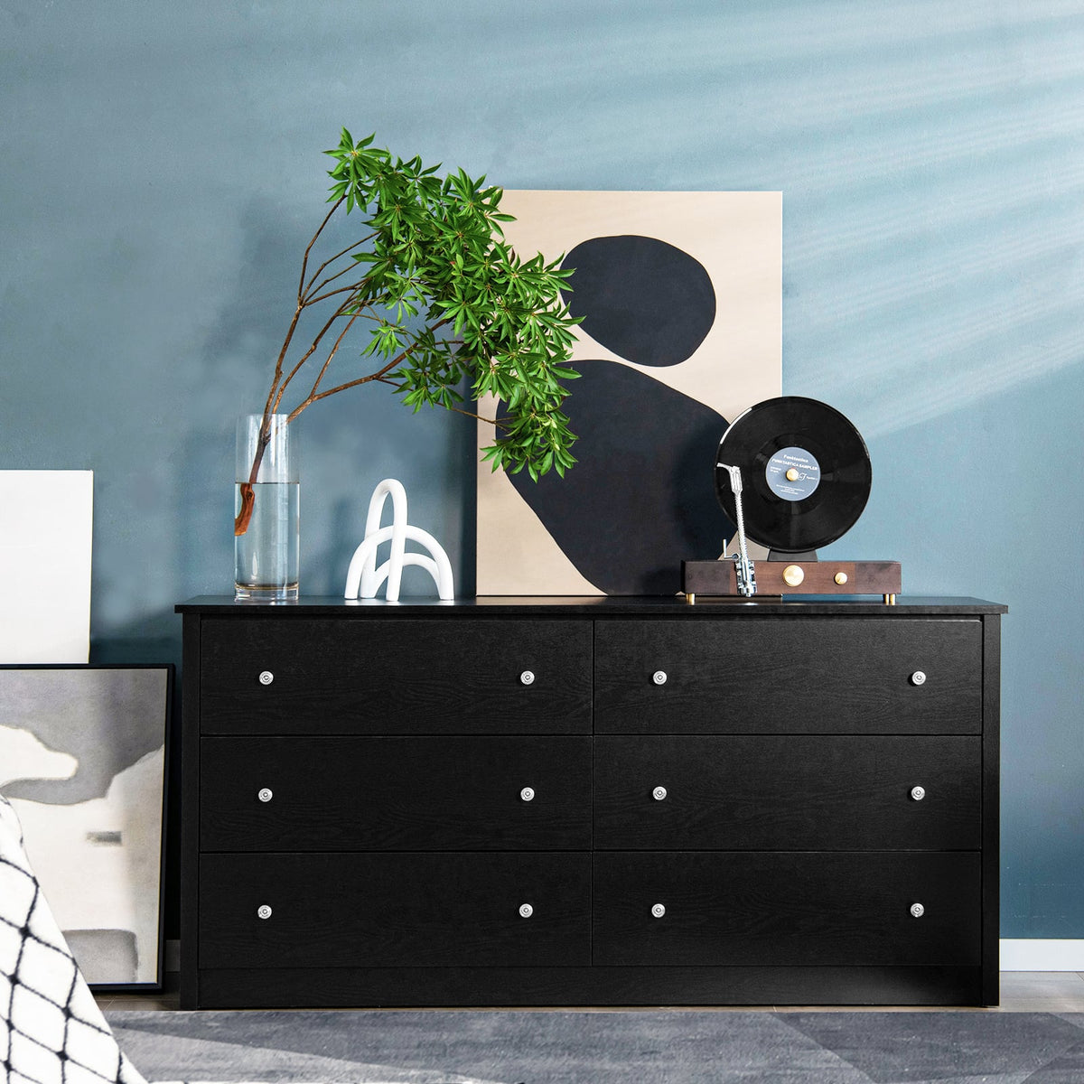 Freestanding Storage Cabinet with 6 Drawers and Anti-Toppling Device for Living Room-Black