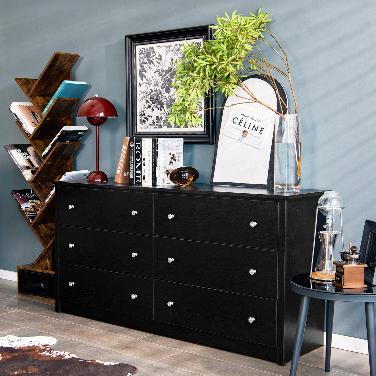 Freestanding Storage Cabinet with 6 Drawers and Anti-Toppling Device for Living Room-Black
