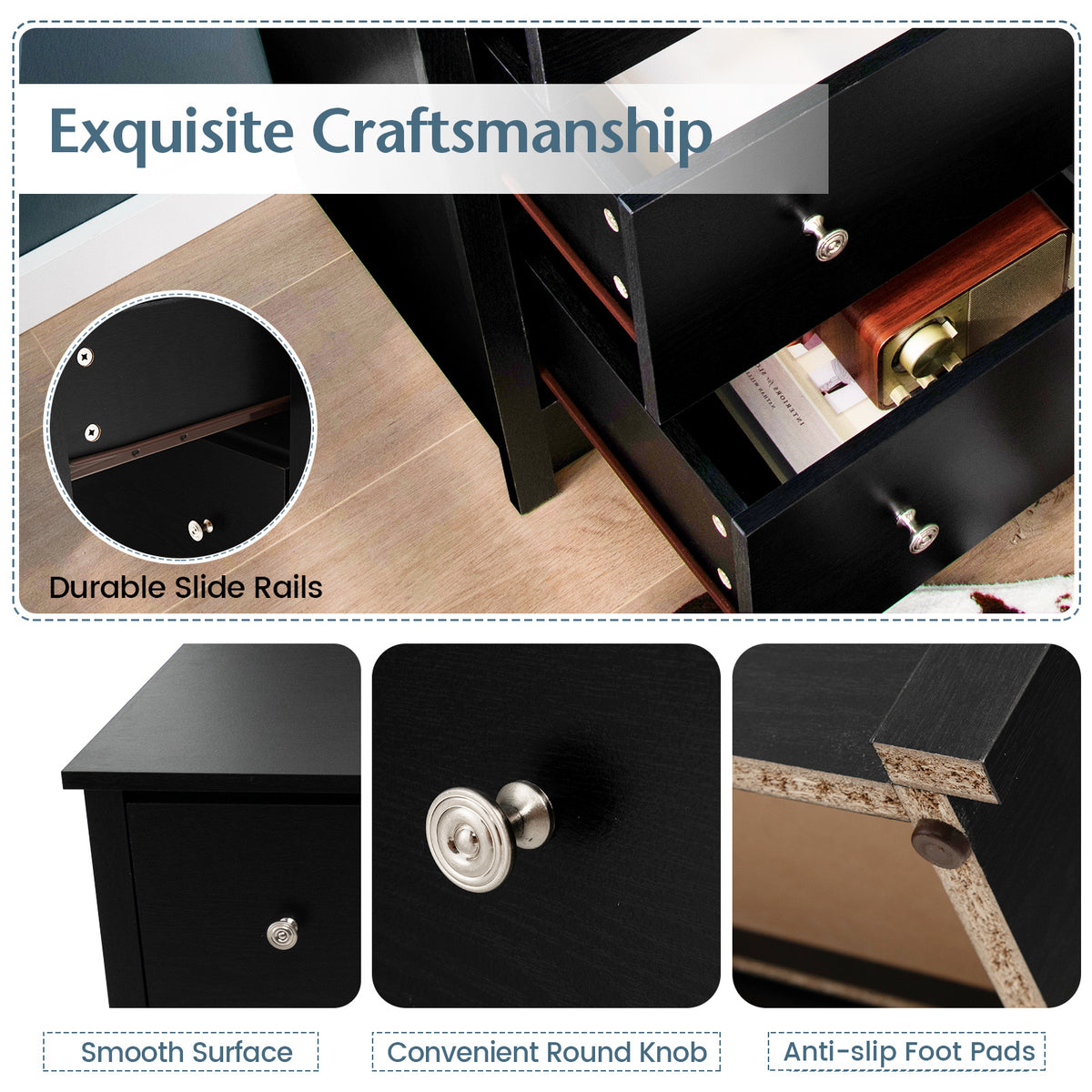 Freestanding Storage Cabinet with 6 Drawers and Anti-Toppling Device for Living Room-Black
