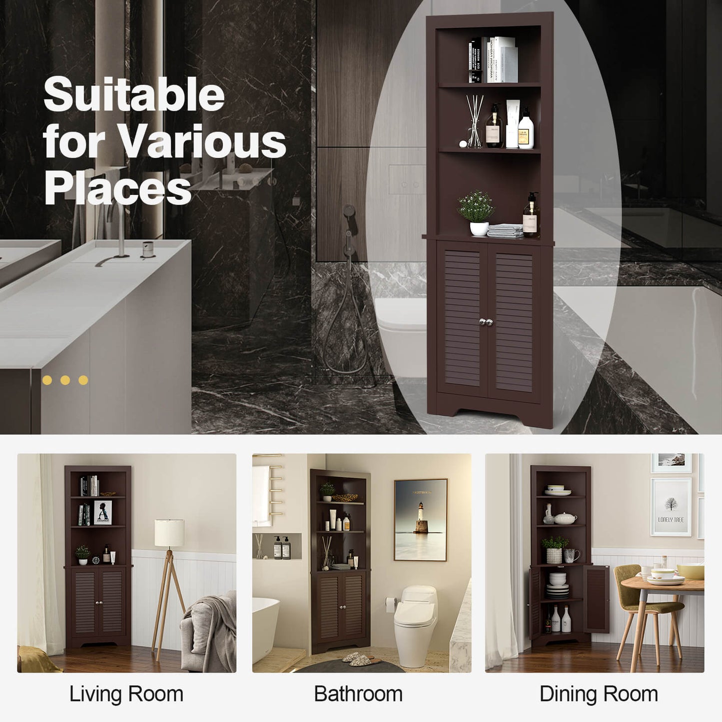 Freestanding Bathroom Corner Cabinet with Shutter Doors-Coffee