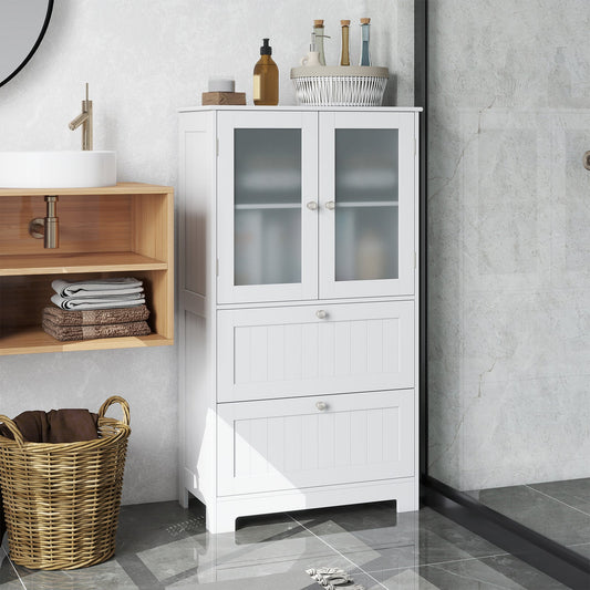 Freestanding Bathroom Storage Cabinet with 2 Frosted Tempered Glass Doors-White