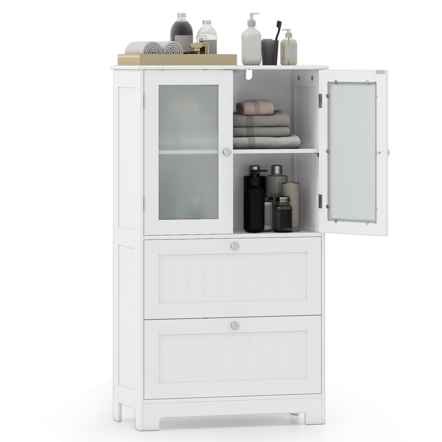 Freestanding Bathroom Storage Cabinet with 2 Frosted Tempered Glass Doors-White
