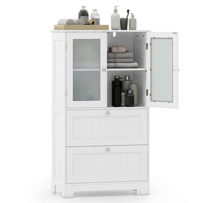 Freestanding Bathroom Storage Cabinet with 2 Frosted Tempered Glass Doors-White