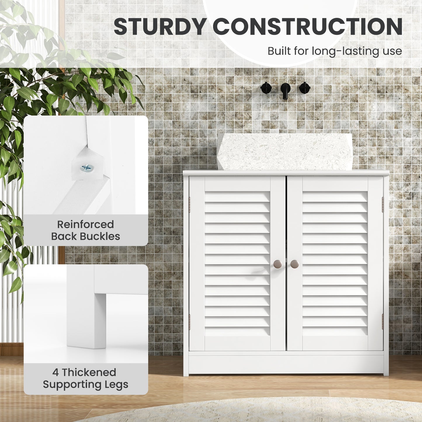 Freestanding Bathroom Vanity Cabinet with 2 Shutter Doors and U-Shape Cut-Out-White