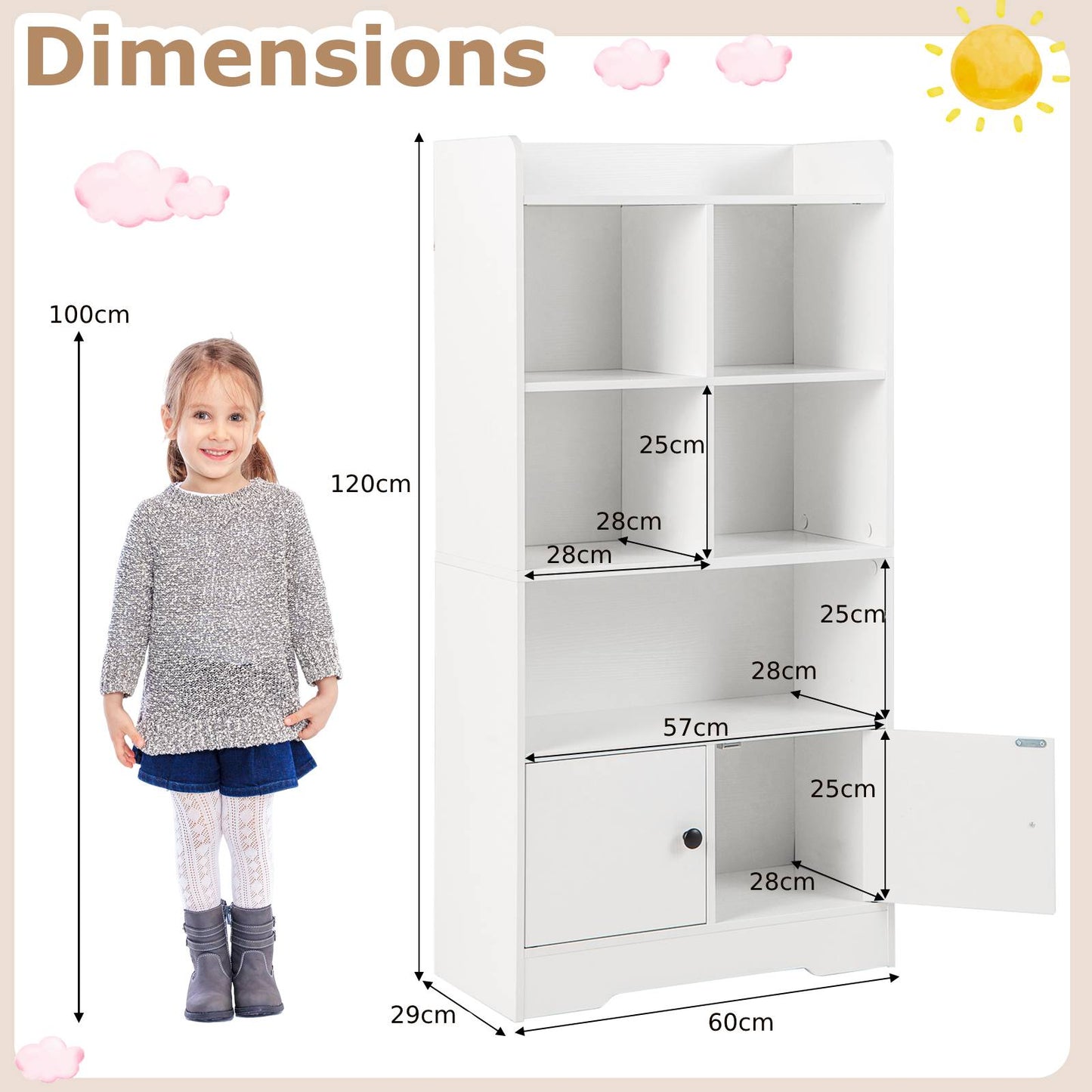 Freestanding Bookcase with 2 Storage Cabinets and 5 Cubbies-White