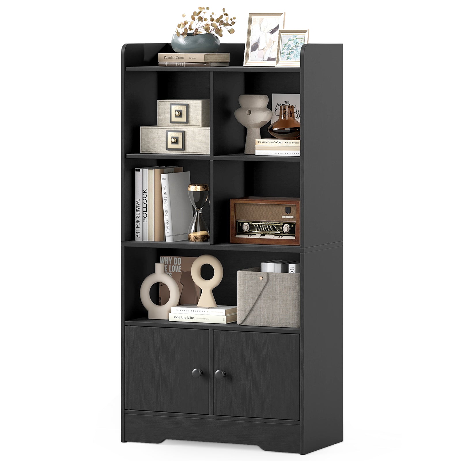 Freestanding Bookcase with 2 Storage Cabinets and 5 Cubbies-Black