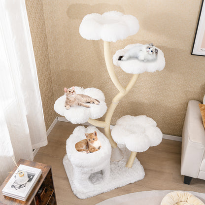 Tall Cat Tree with 4 Flower-shaped Platforms and Sisal Scratching Posts-White