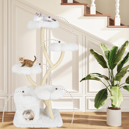 Tall Cat Tree with 4 Flower-shaped Platforms and Sisal Scratching Posts-White