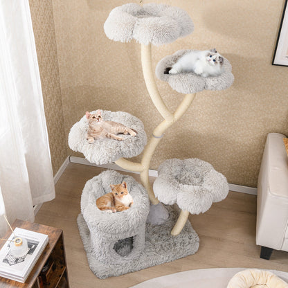 Tall Cat Tree with 4 Flower-shaped Platforms and Sisal Scratching Posts-Grey