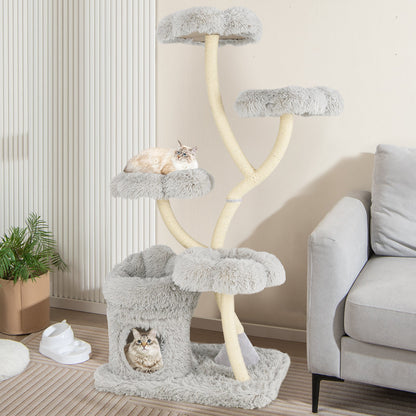 Tall Cat Tree with 4 Flower-shaped Platforms and Sisal Scratching Posts-Grey