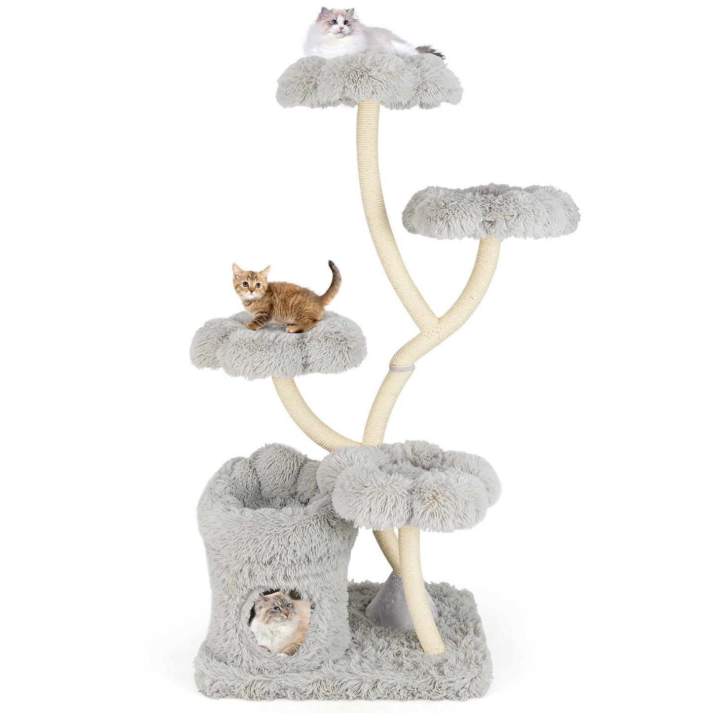 Tall Cat Tree with 4 Flower-shaped Platforms and Sisal Scratching Posts-Grey