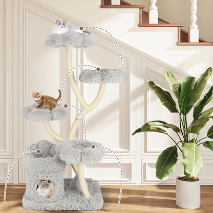 Tall Cat Tree with 4 Flower-shaped Platforms and Sisal Scratching Posts-Grey