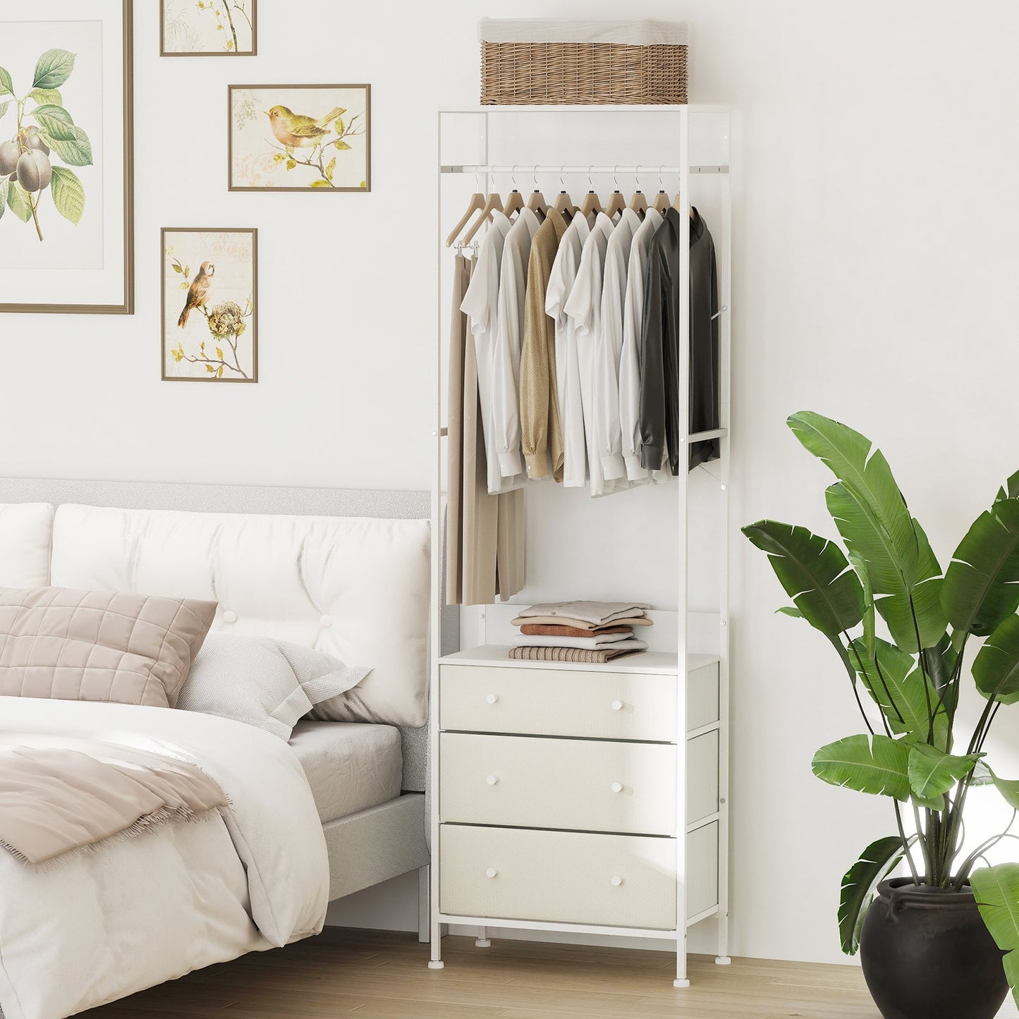 Freestanding Closet Organizer Clothes Rack with Drawers-White