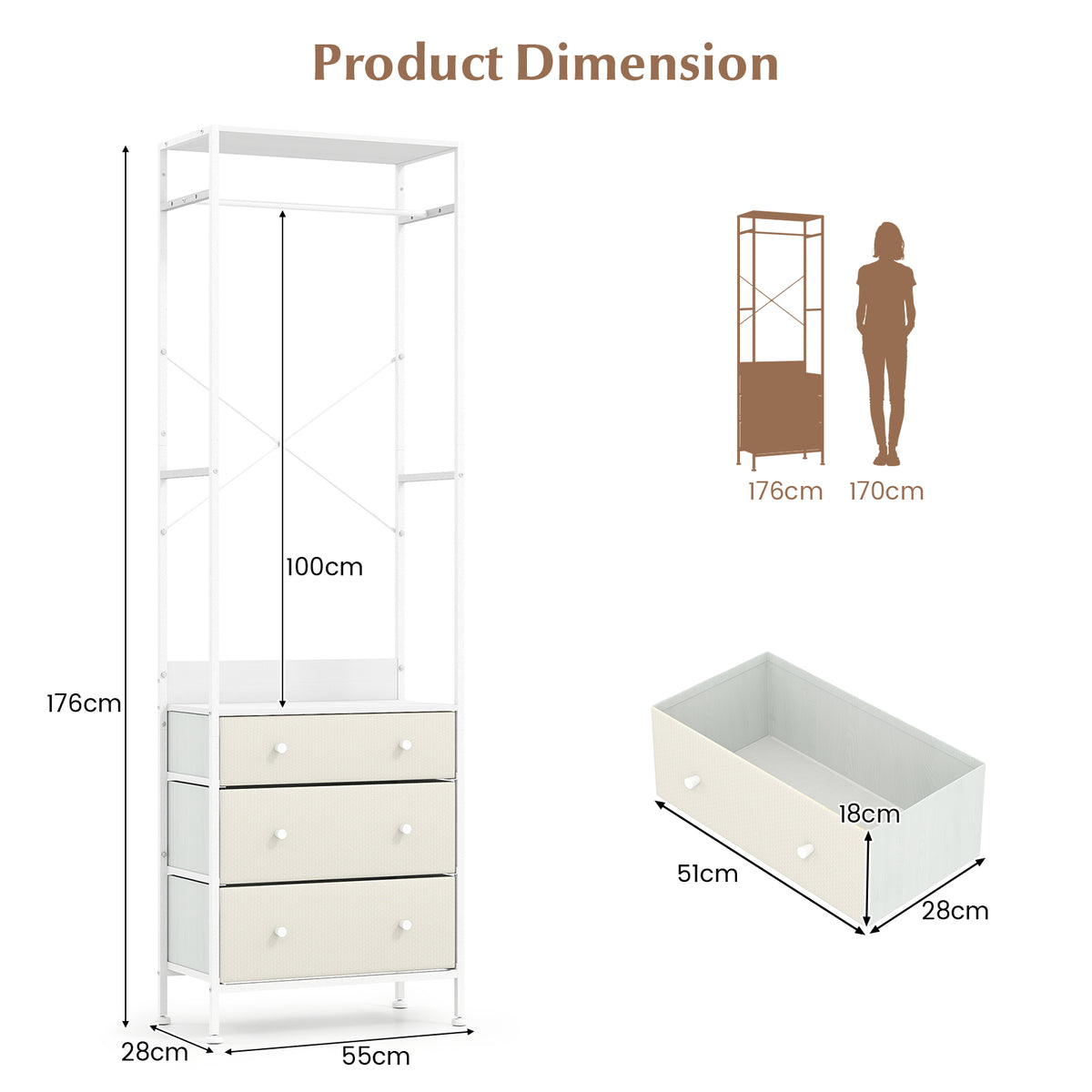 Freestanding Closet Organizer Clothes Rack with Drawers-White