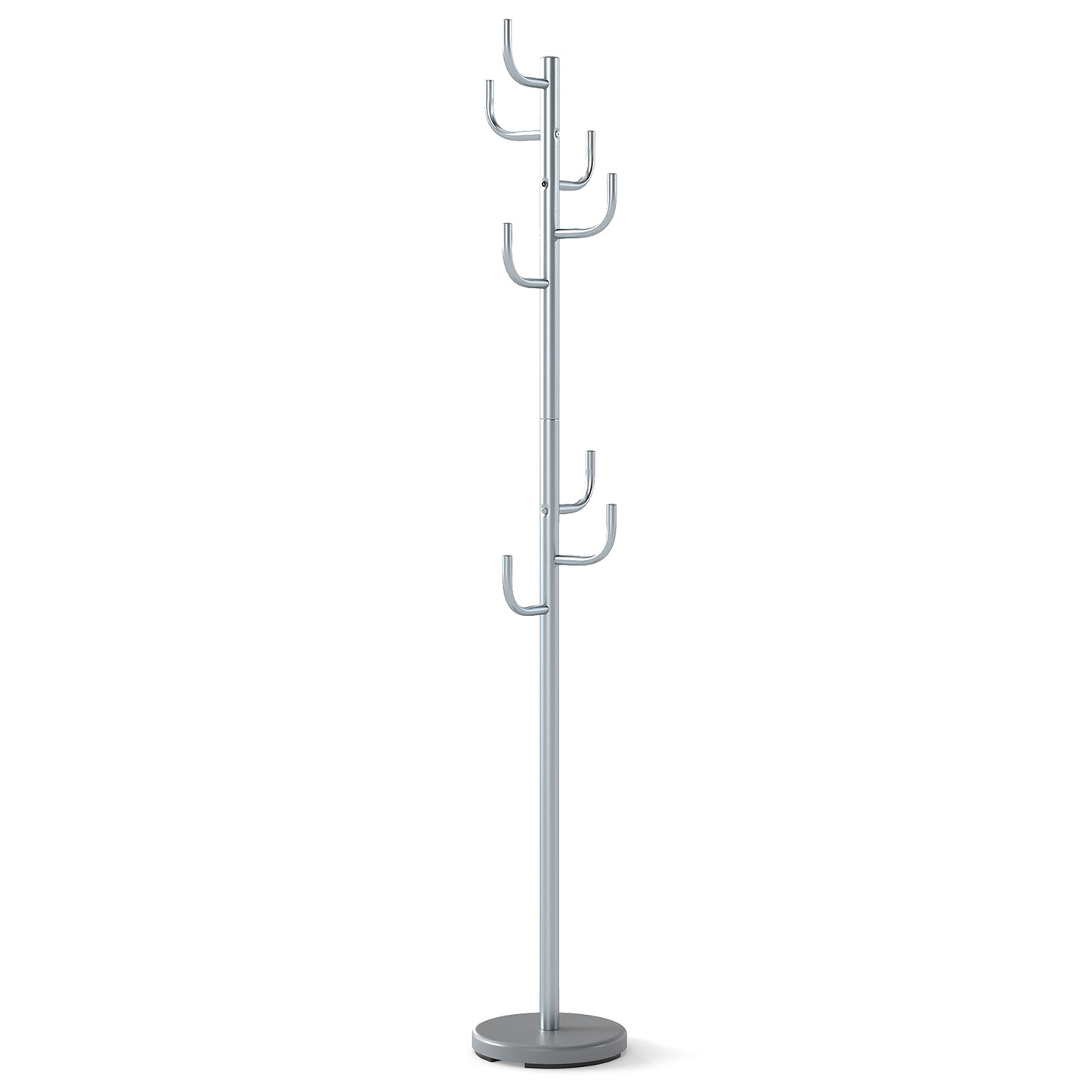 Freestanding Coat Rack with 8 L-Shaped Hooks and 2 Adjustable Heights-Silver
