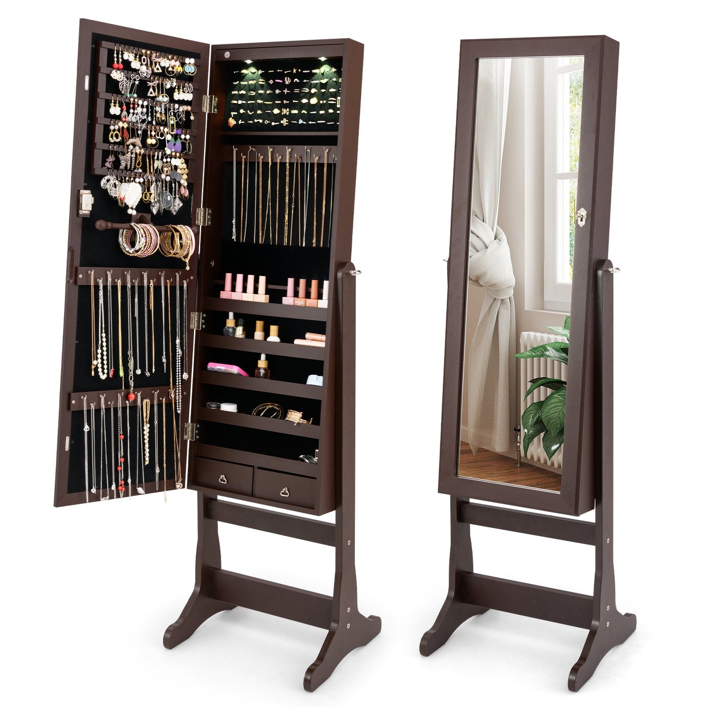 Freestanding Jewelry Armoire Cabinet with Inner LED Lights and 4 Adjustable Tilt Angles-Brown