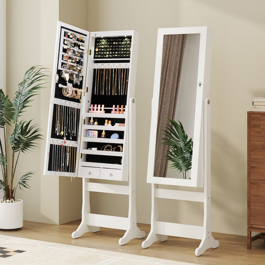 Freestanding Jewelry Armoire Cabinet with Inner LED Lights and 4 Adjustable Tilt Angles-White
