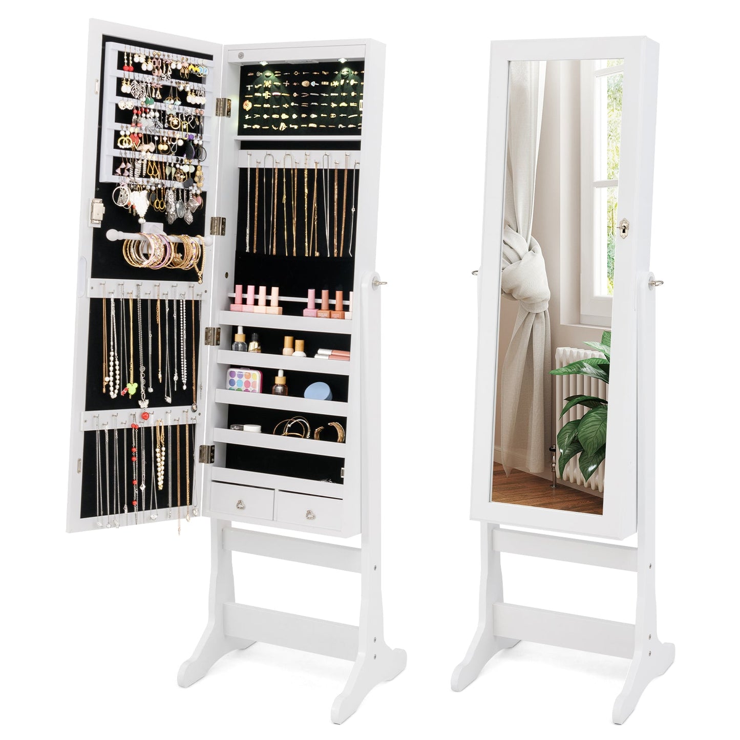 Freestanding Jewelry Armoire Cabinet with Inner LED Lights and 4 Adjustable Tilt Angles-White